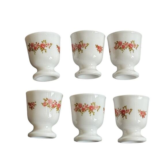 VTG Egg Cups Coddlers (6) White Milk Roses Glass Floral Pattern France READ - Picture 2 of 9